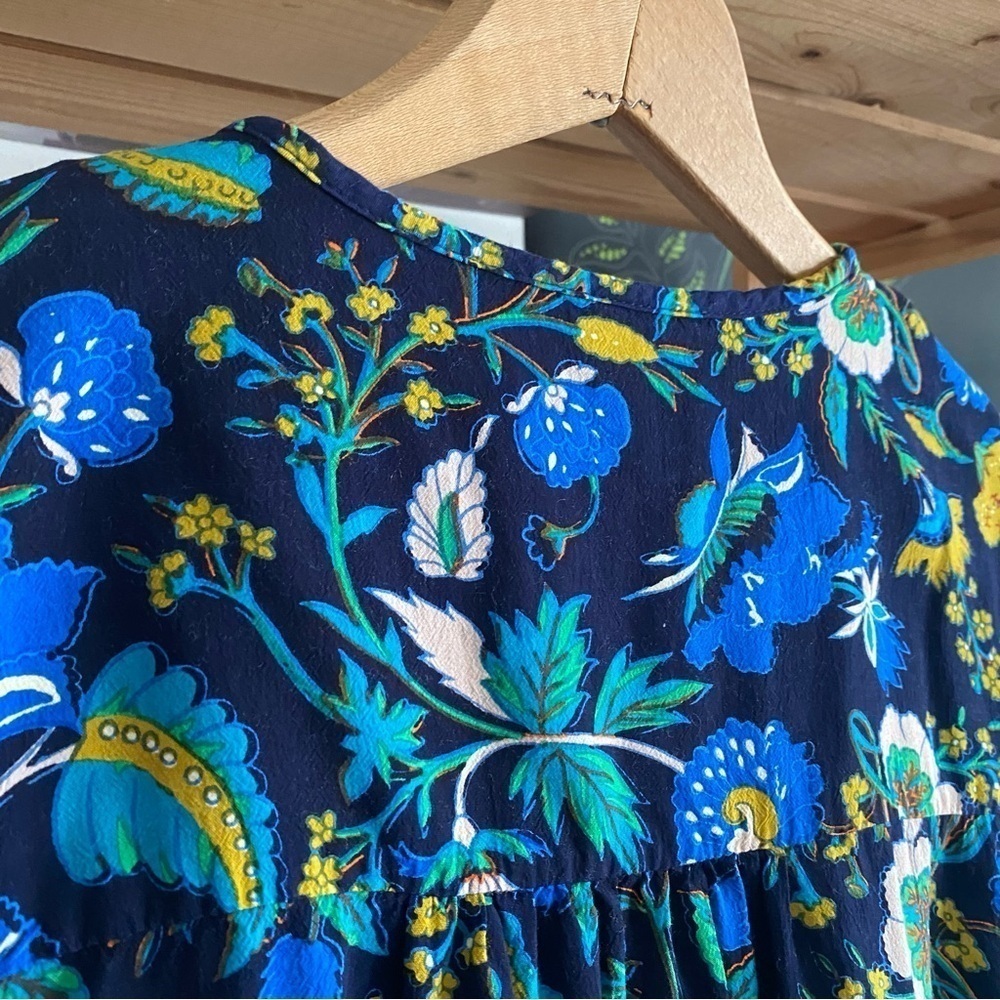 Anthropologie Blue Floral Clara Gold Velvet-Trimmed Pajama Lounge Top Small - Picture 14 of 16